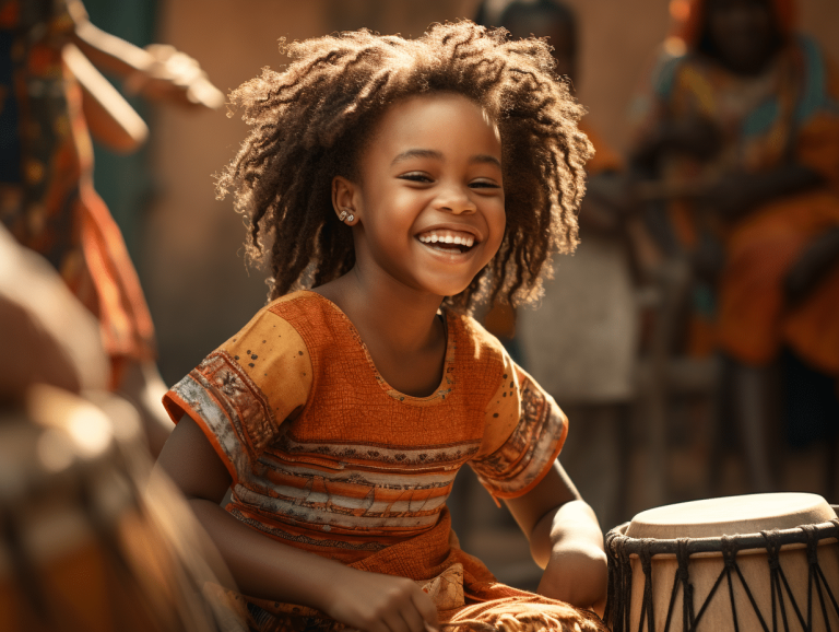 Petit tambour africain entouré de symboles culturels et traditionnels