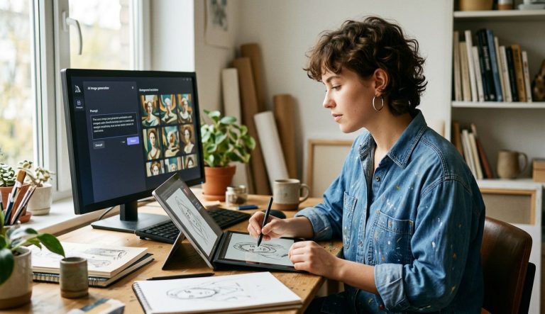 Artiste utilisant une intelligence artificielle pour créer une œuvre visuelle