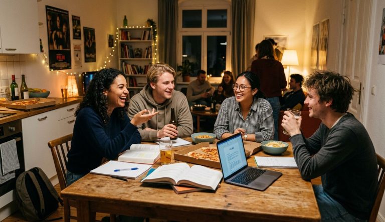 Étudiants en discussion lors d'une soirée sur un campus universitaire