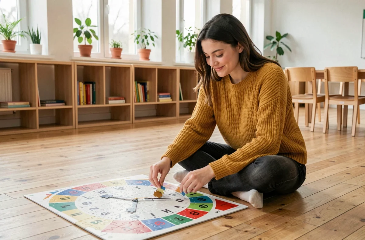 Jeune femme assemblant un puzzle d'horloge coloré sur le sol d'une salle de classe moderne, activité ludique d'apprentissage du temps