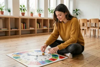 Jeune femme assemblant un puzzle d'horloge coloré sur le sol d'une salle de classe moderne, activité ludique d'apprentissage du temps