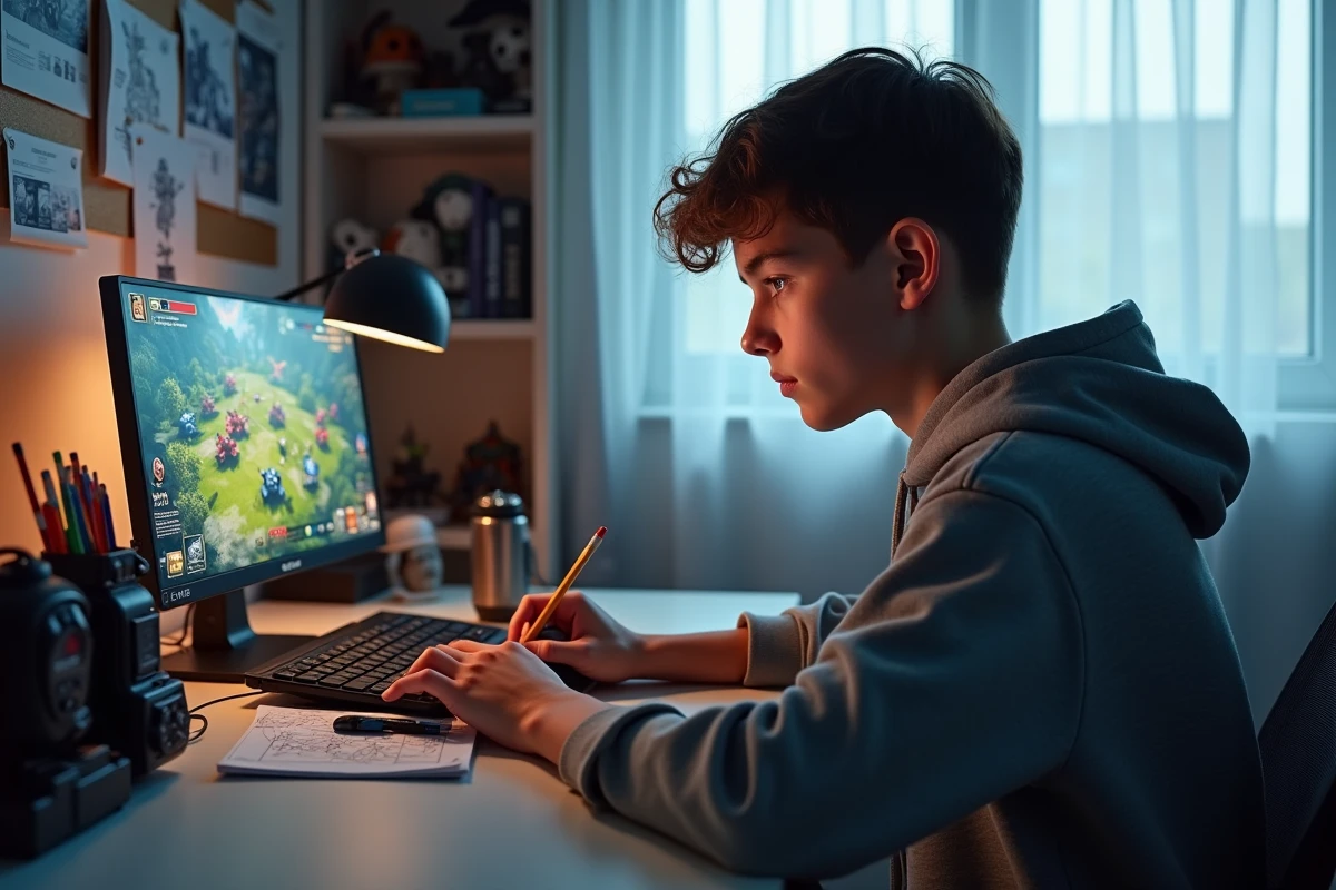 Adolescent concentré jouant à un jeu de stratégie en ligne sur ordinateur dans sa chambre