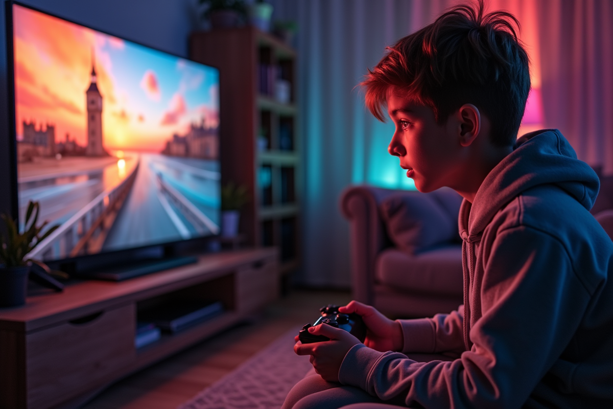Adolescent jouant à un jeu vidéo dans un salon confortable