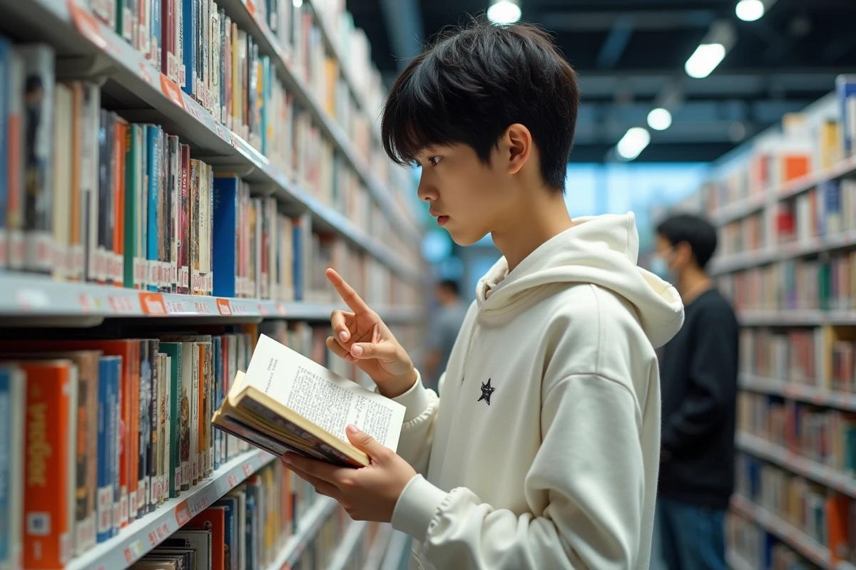Adolescent consultant la liste des chapitres spéciaux d'un manga dans une librairie spécialisée entourée de rayonnages colorés