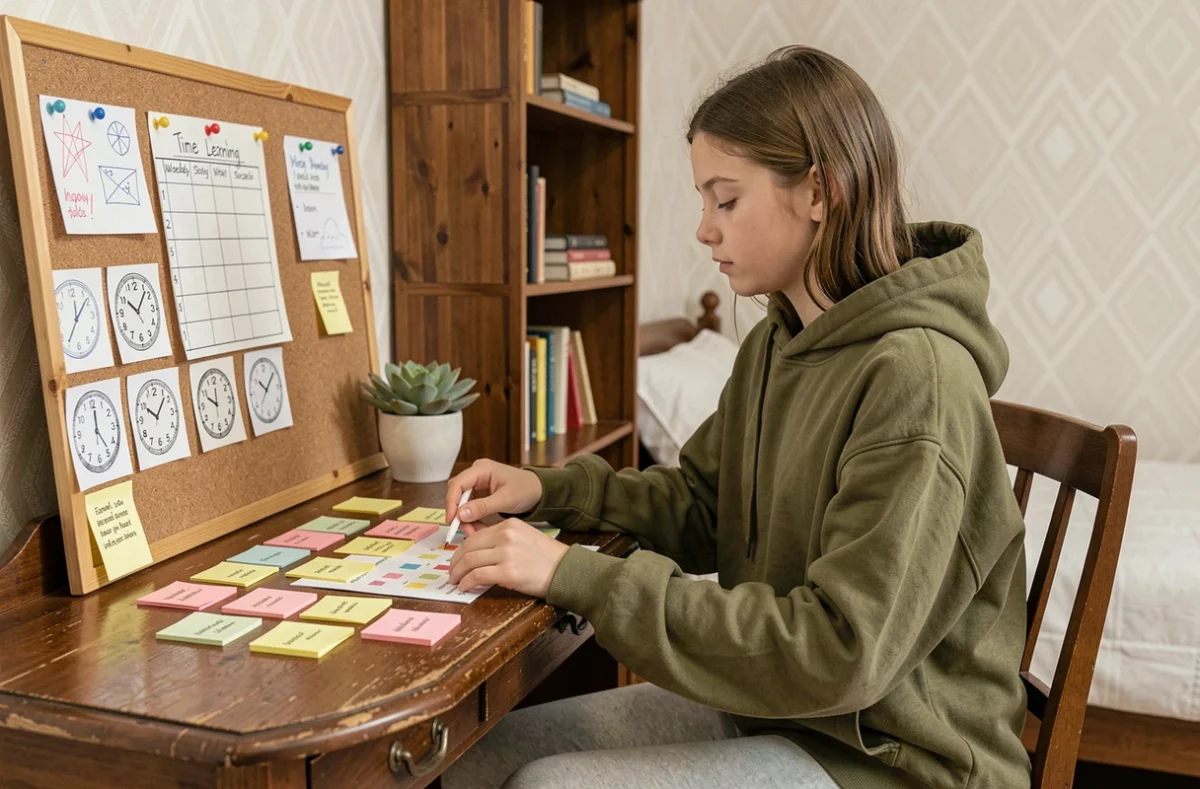 Adolescente créant un tableau d'apprentissage du temps avec des fiches illustrées et un planning hebdomadaire fait main dans sa chambre