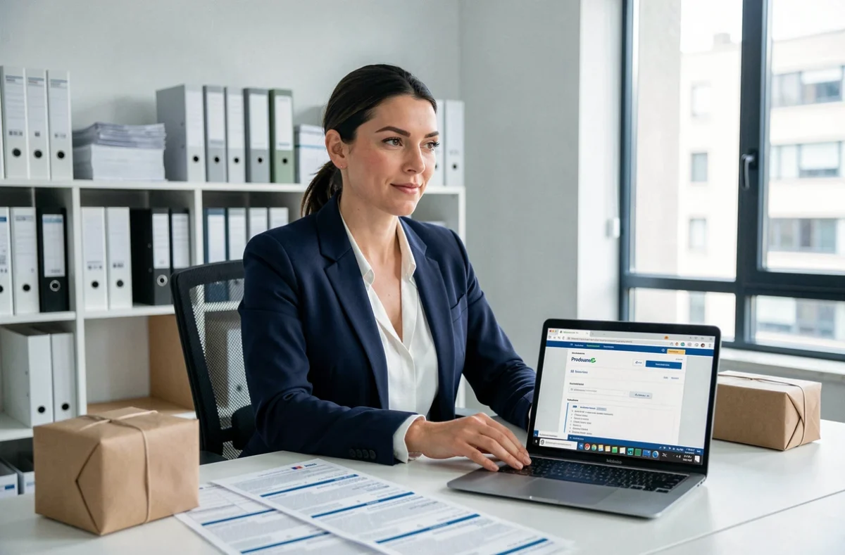Agente douanière utilisant le portail Prodouane sur un ordinateur portable entourée de colis e-commerce et de formulaires de déclaration douanière