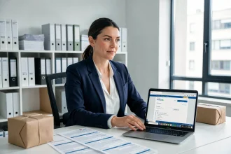 Agente douanière utilisant le portail Prodouane sur un ordinateur portable entourée de colis e-commerce et de formulaires de déclaration douanière