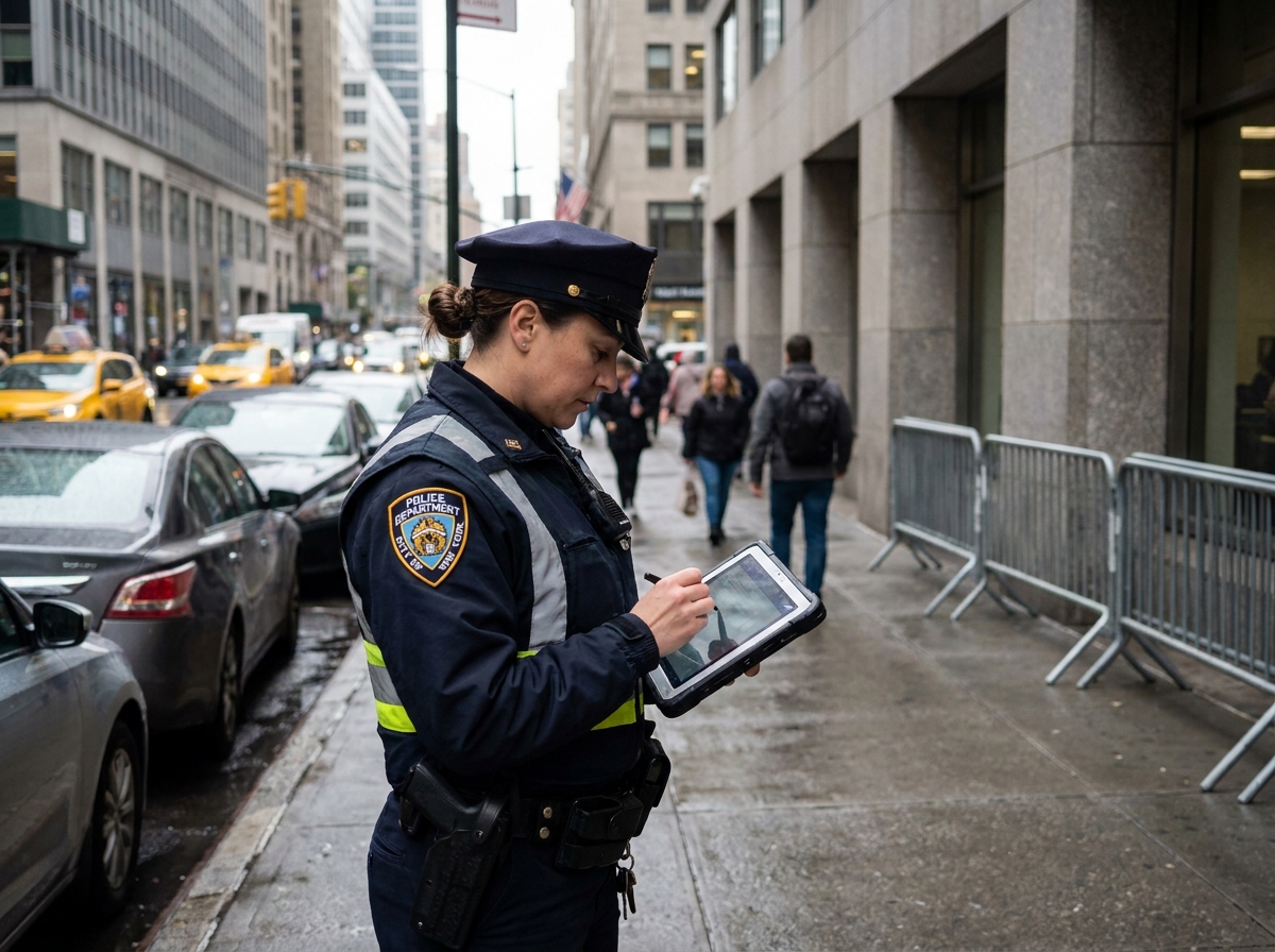 Agent de police écrivant un rapport en ville