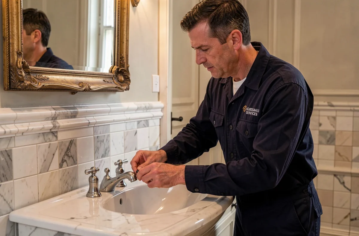 Plombier d'Aguesseau Services installant un robinet sur un lavabo en porcelaine dans une salle de bain parisienne classique avec comptoir en marbre