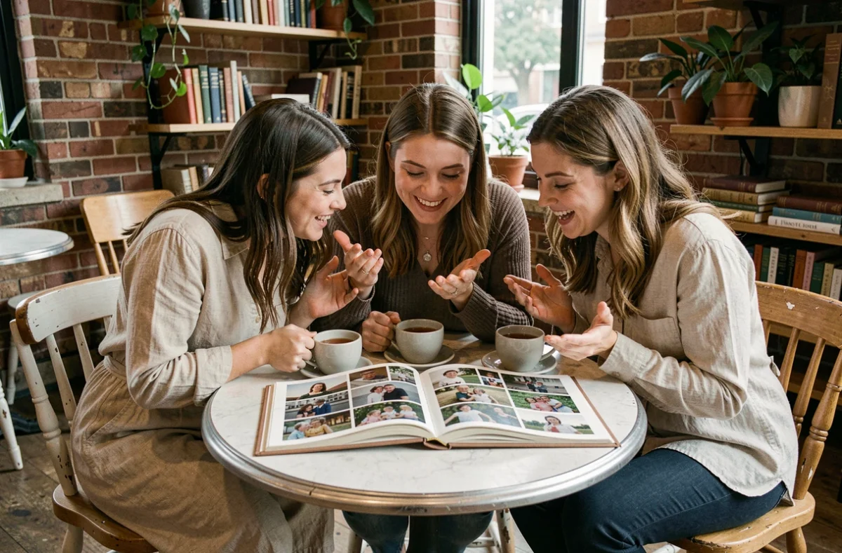 Trois amies de longue date réunies dans un café autour d'un album photo de leur enfance partagée