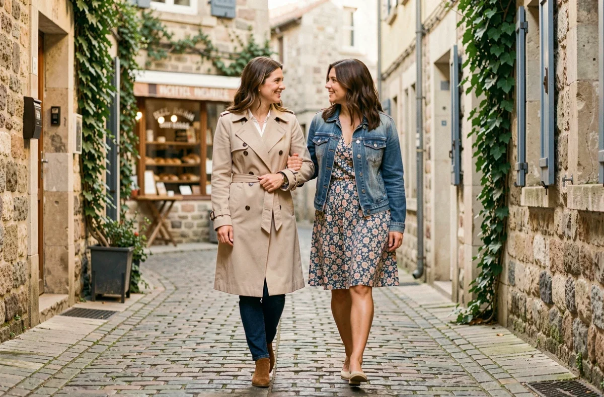 Deux amies inséparables bras dessus bras dessous dans une rue pavée pittoresque lors d'une promenade complice
