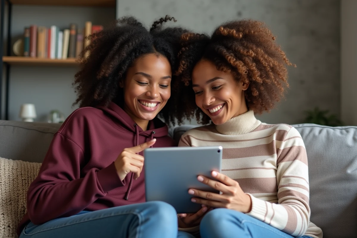 Deux amies analysant ensemble les offres du Black Friday sur une tablette dans un salon contemporain