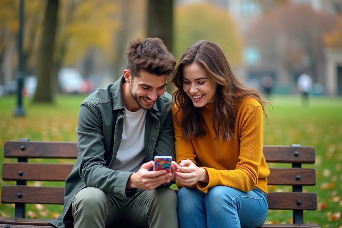 Deux amis consultant ensemble une application de jeu Monopoly GO sur smartphone dans un parc