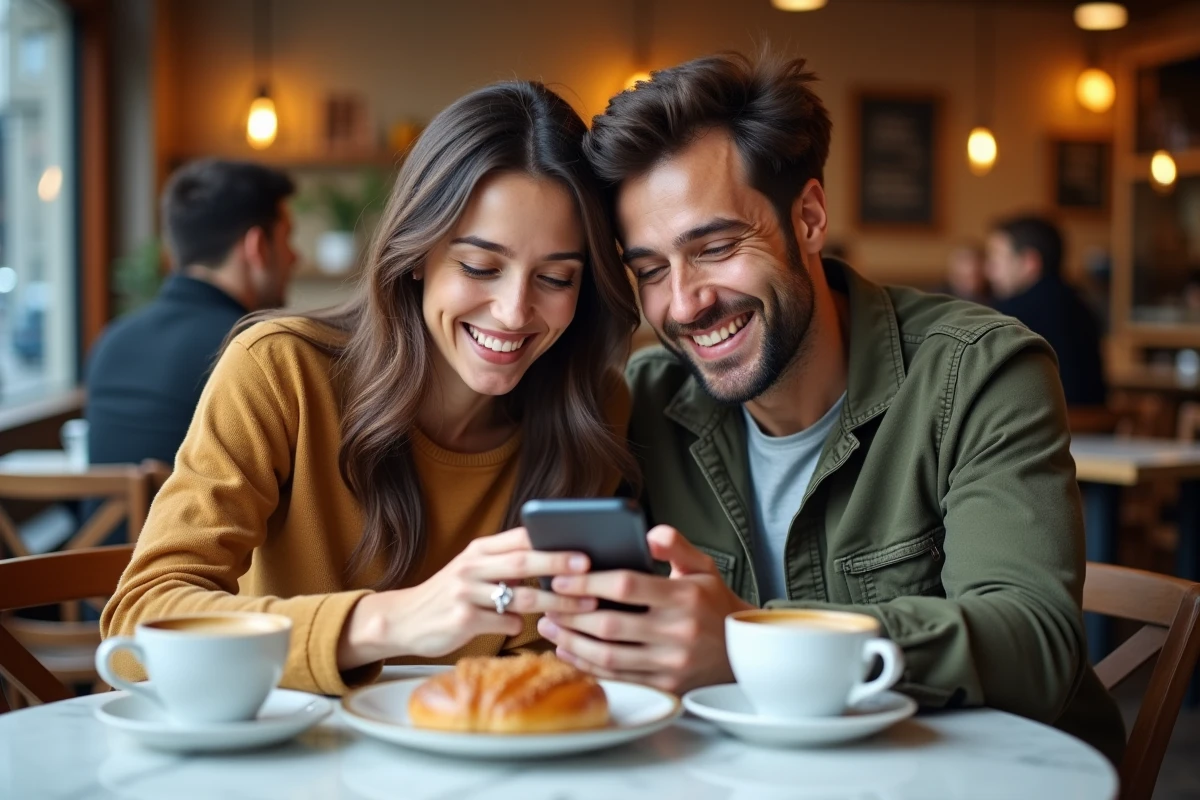 Deux amis partageant des liens de dés gratuits Monopoly GO sur smartphone dans un café