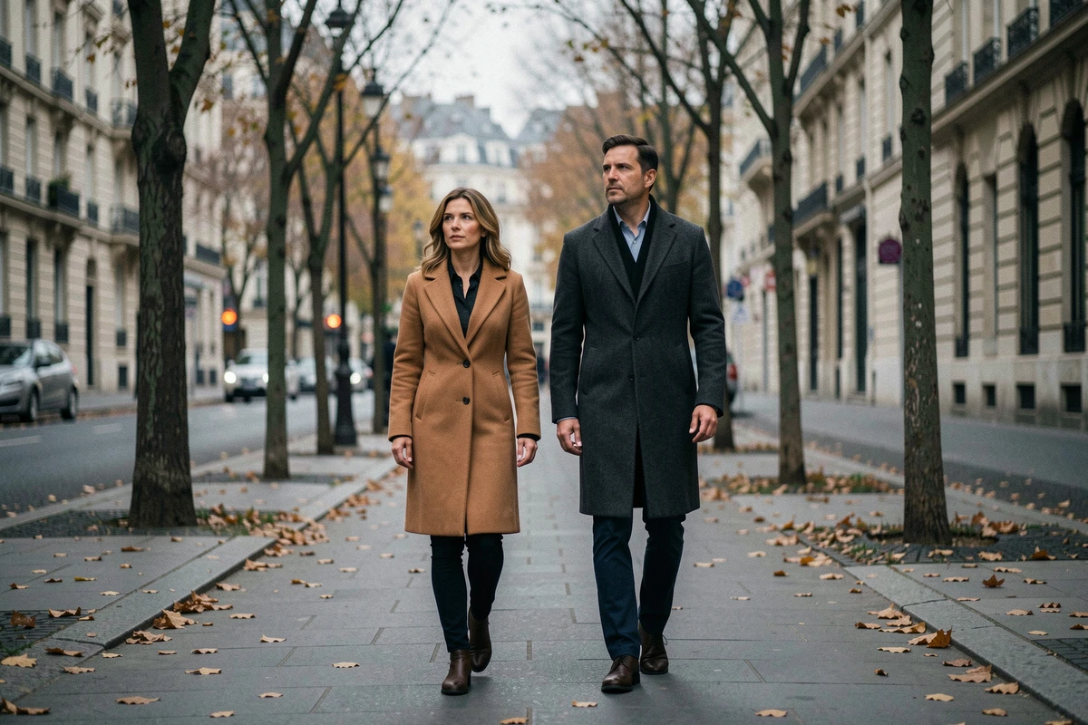Couple marchant côte à côte dans une rue parisienne en automne, silhouettes éloignées symbolisant une relation incertaine et un avenir en suspens