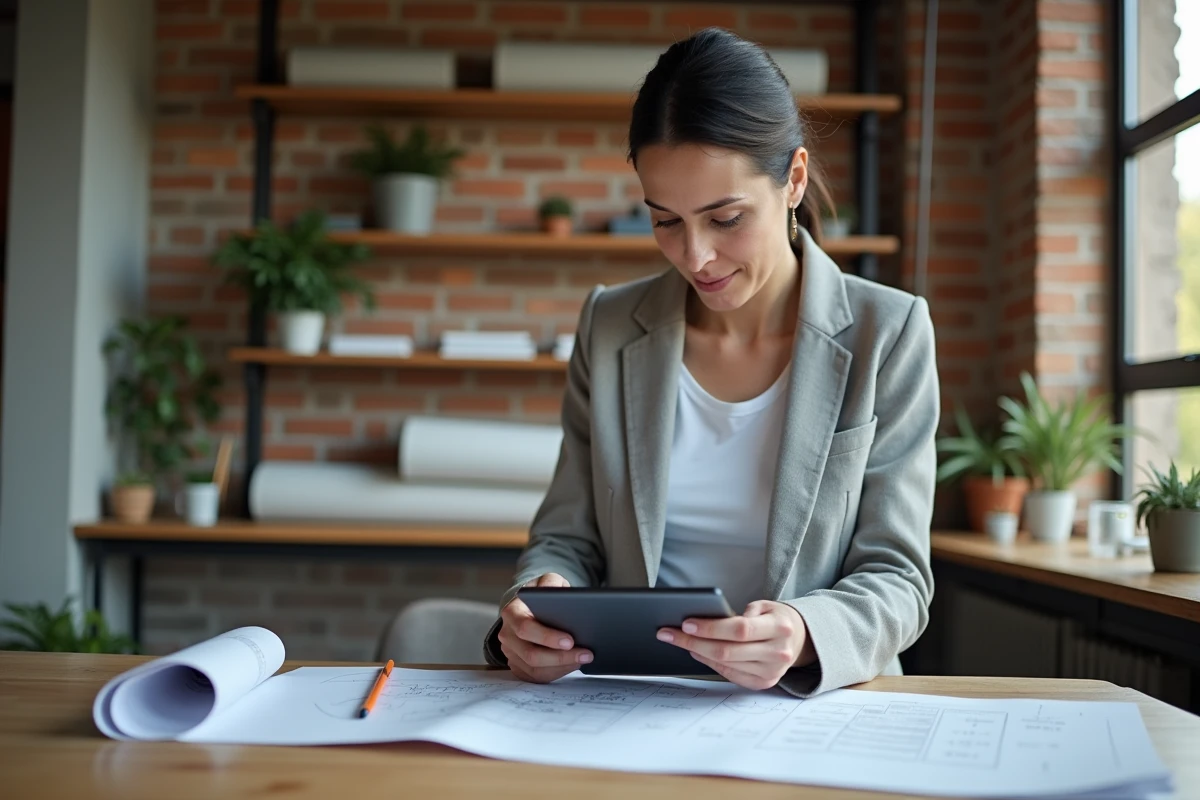Architecte féminine utilisant une tablette pour convertir des litres en mètres cubes de béton dans un bureau de conception moderne