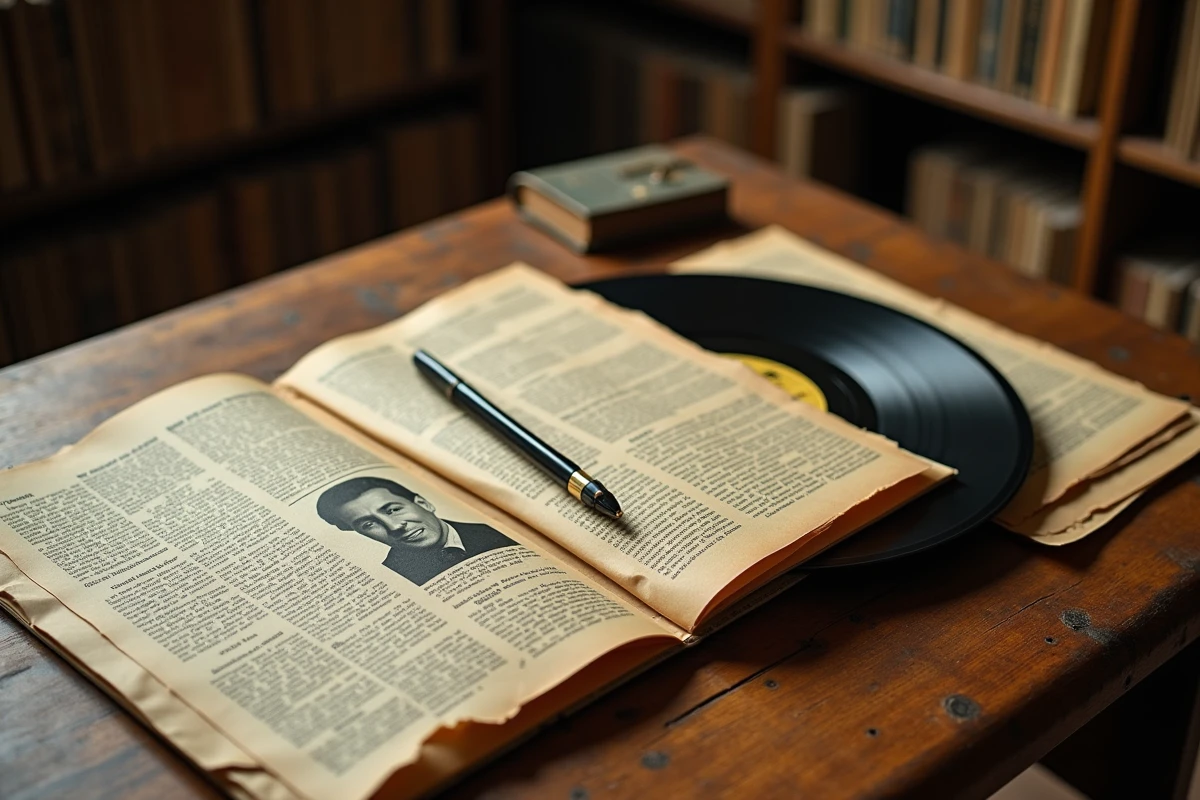 Archives et dossiers journalistiques évoquant l'enquête sur la mort de Mike Brant, avec vinyle vintage et coupures de presse jaunies