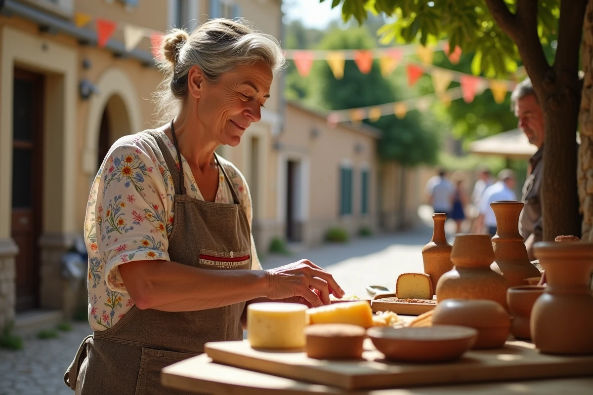 Femme artisane aveyronnaise présentant des produits locaux au marché d'une fête de village, couteaux Laguiole et fromage Roquefort sur une table en bois