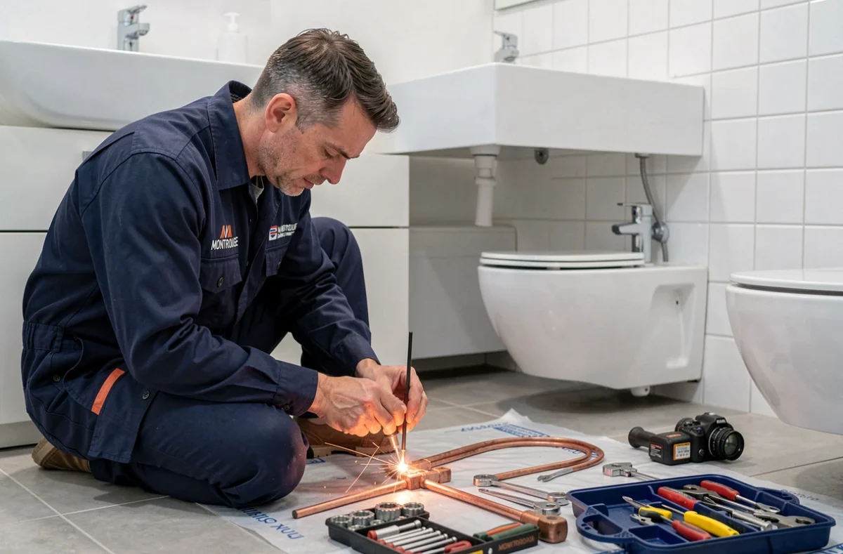 Plombier d'Ateliers-Plombier Montrouge en train de souder des tuyaux en cuivre dans une salle de bain moderne