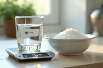 Balance de cuisine pesant 100 ml d'eau avec sucre blanc