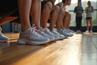 Groupe de baskets stylées pour femmes en rang sur un sol en bois lumineux