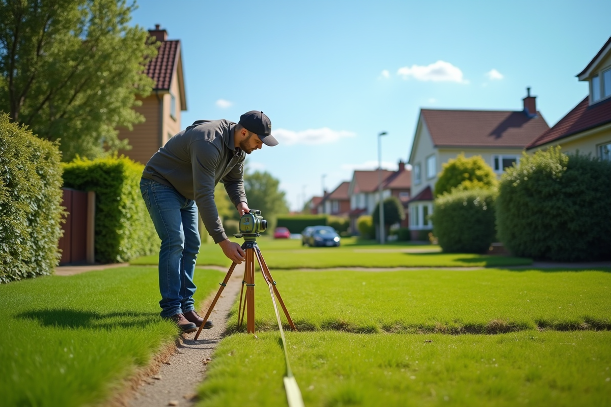 Expert en bornage délimitant un terrain urbain avec piquets