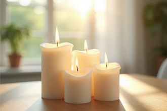 Groupe de bougies blanches sur une table en bois lumineuse
