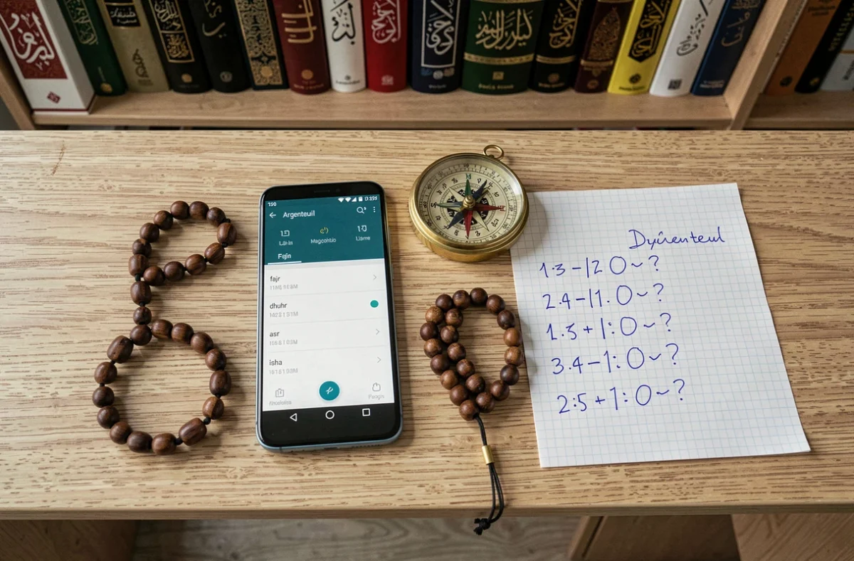 Vue de dessus d'un bureau avec application de prière Argenteuil, boussole Qibla et notes manuscrites sur les horaires