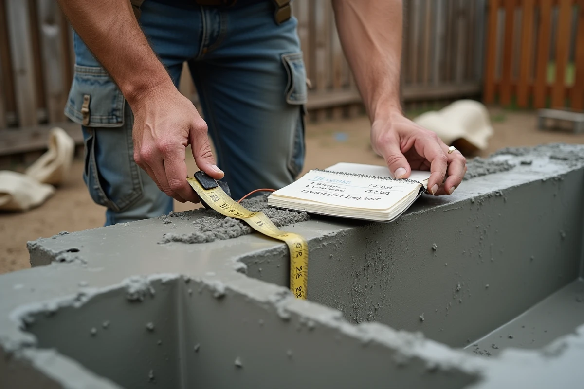 Gros plan de mains tenant un mètre ruban au-dessus d'une auge à béton avec calculs de volume en litres et mètres cubes notés à la main