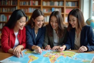 Groupe de personnes de cultures diverses étudiant une carte du monde dans une bibliothèque académique, illustrant la comparaison des pays hispanophones et non hispanophones