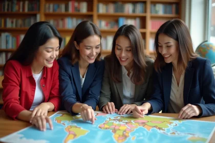 Groupe de personnes de cultures diverses étudiant une carte du monde dans une bibliothèque académique, illustrant la comparaison des pays hispanophones et non hispanophones