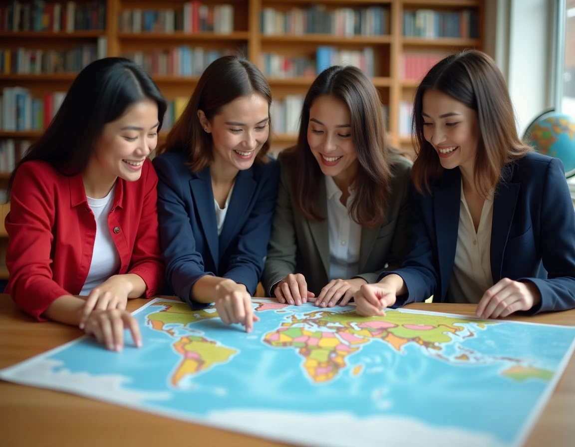 Groupe de personnes de cultures diverses étudiant une carte du monde dans une bibliothèque académique, illustrant la comparaison des pays hispanophones et non hispanophones