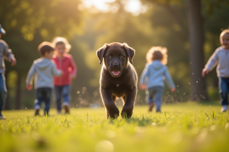 Chiot cane corso jouant avec des enfants dans un parc ensoleille