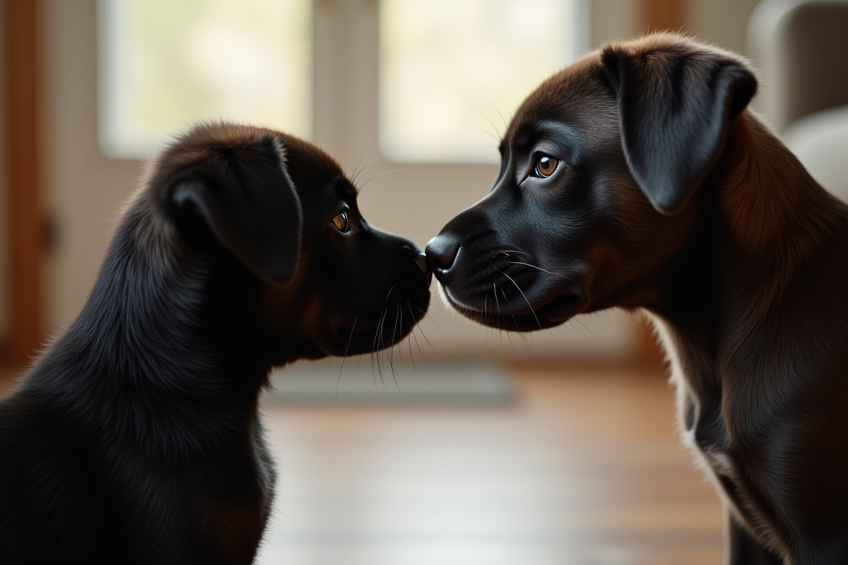 Chiot cane corso reniflant un autre chien en intérieur