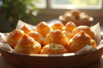 Choux dorés en panier en bois pour pâtisserie