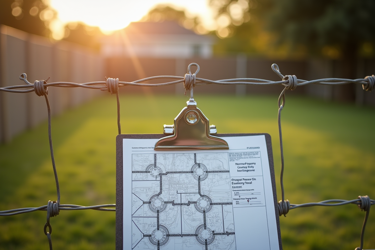 Fiche de propriété et clôture en fil de fer au matin