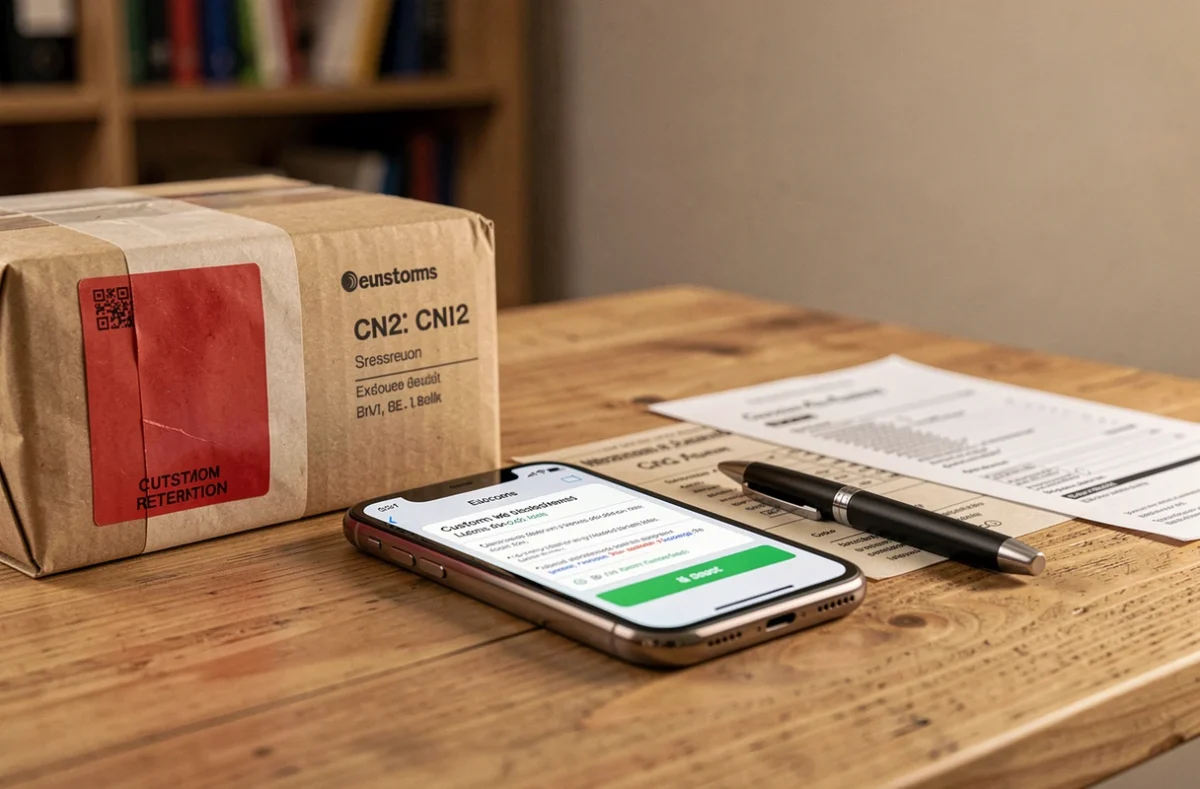 Colis e-commerce retenu en douane avec étiquette de blocage douanier, formulaire CN22 et notification Prodouane sur smartphone