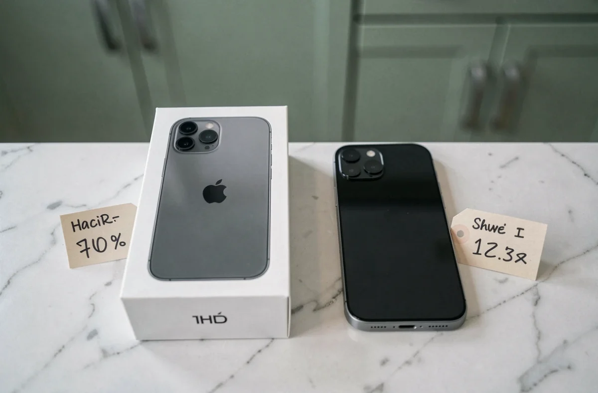 Comparaison côte à côte d'un iPhone 15 en boîte Apple et d'un iPhone 15 reconditionné sans emballage avec étiquettes de prix