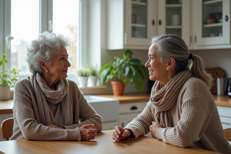 Deux femmes âgées et jeunes discutent à la maison