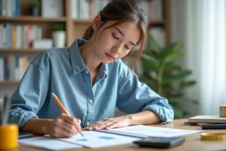 Jeune femme calculant la conversion de hectares en mètres carrés sur un bloc-notes à son bureau
