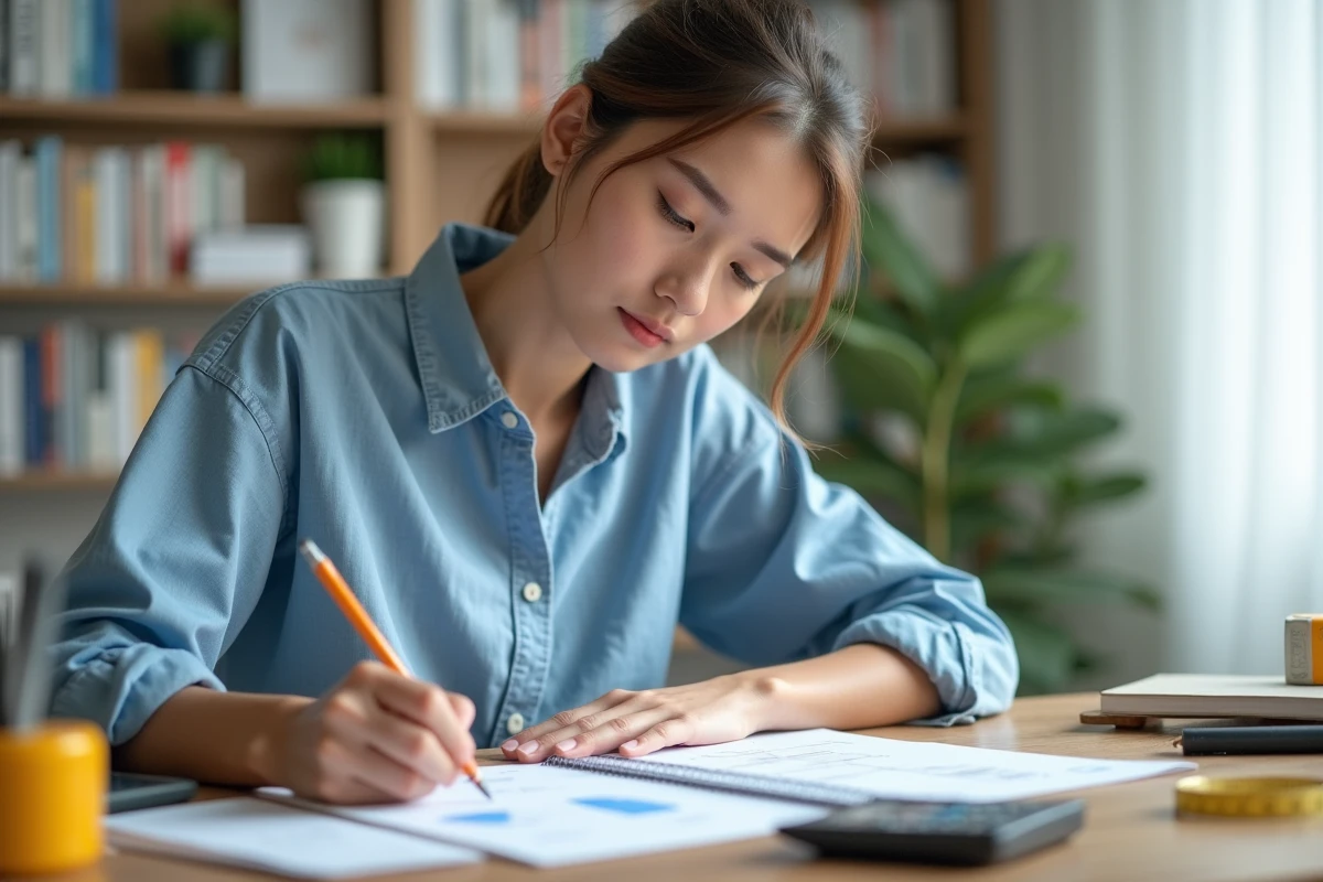 Jeune femme calculant la conversion de hectares en mètres carrés sur un bloc-notes à son bureau