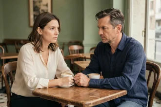 Couple assis dans un café parisien, regards pensifs et distance émotionnelle palpable, illustrant une relation à la croisée des chemins