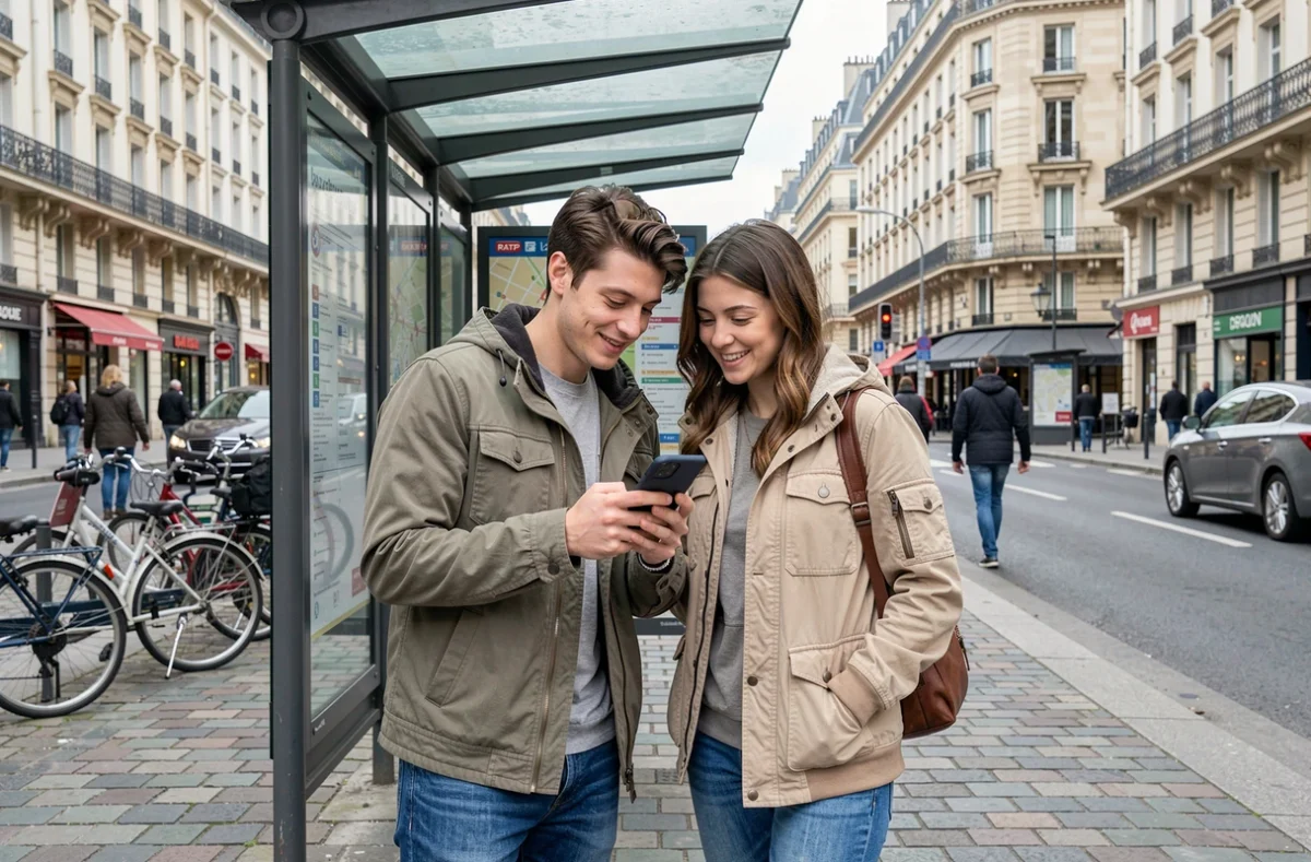 Couple consultant la carte de bus en temps réel RATP à un arrêt de bus dans une rue parisienne