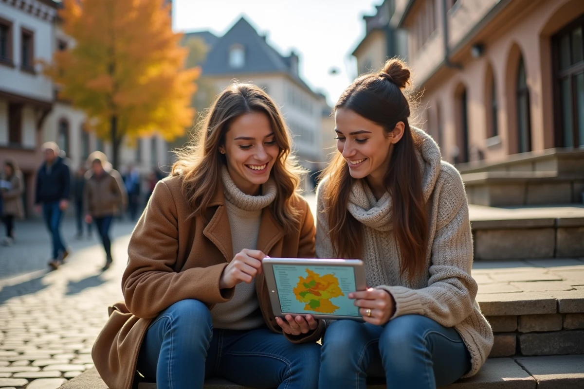 Couple de voyageurs consultant une carte interactive des régions allemandes sur une tablette dans une vieille ville allemande en automne