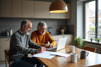 Couple français discutant de papiers immobiliers dans une cuisine moderne