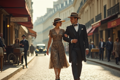 Jeune couple élégants dans la rue parisienne des années 1920