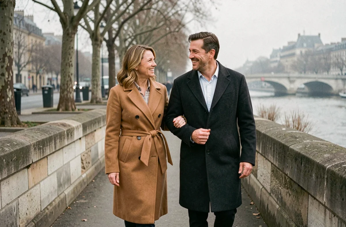 Couple français élégant se promenant sur les quais de la Seine à Paris, illustrant une relation durable et complice
