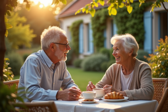 Couple retiree souriant prenant le petit déjeuner en terrasse