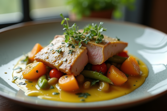Assiette de lapin à la moutarde avec herbes fraîches