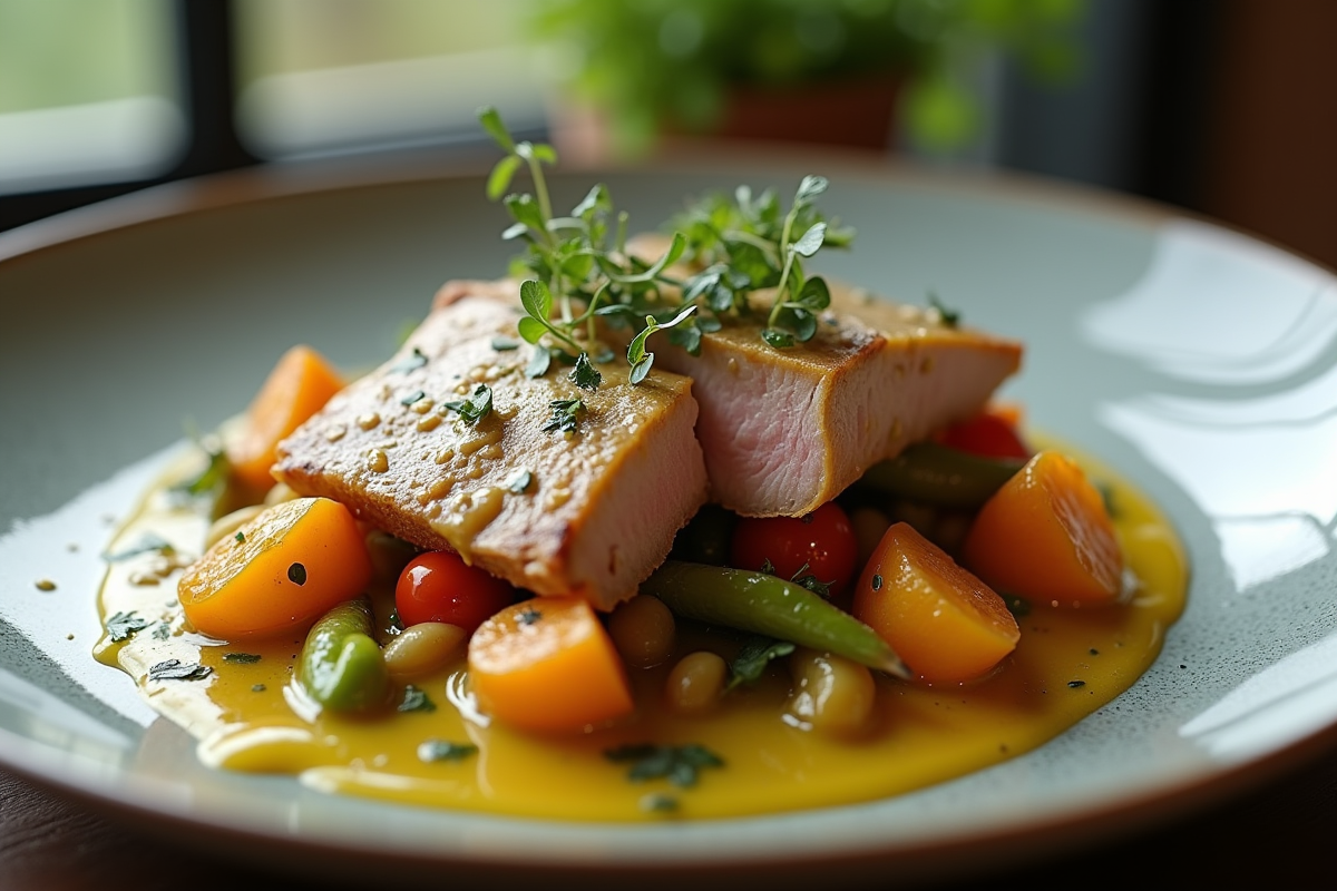 Assiette de lapin à la moutarde avec herbes fraîches
